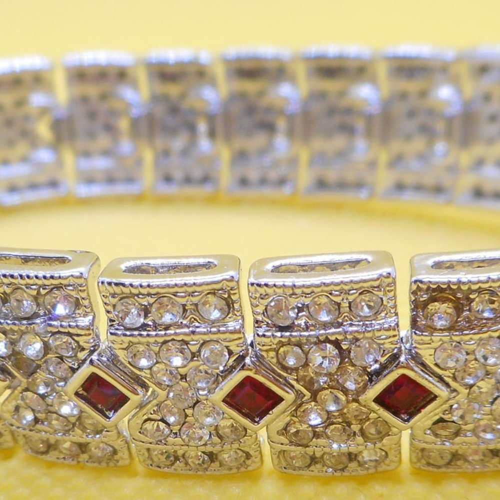 Faux Diamond & Ruby Pave Silvertone Estate Style … - image 4